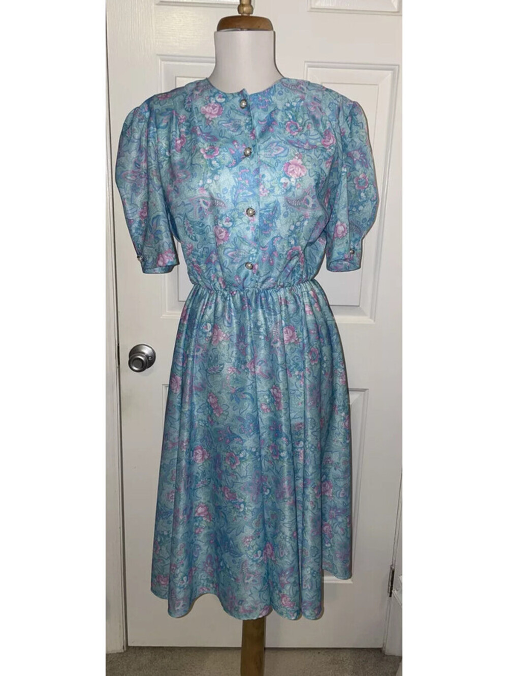 Vintage California Looks Floral Dress Teal Blue Pink Size 8 Petite USA Made